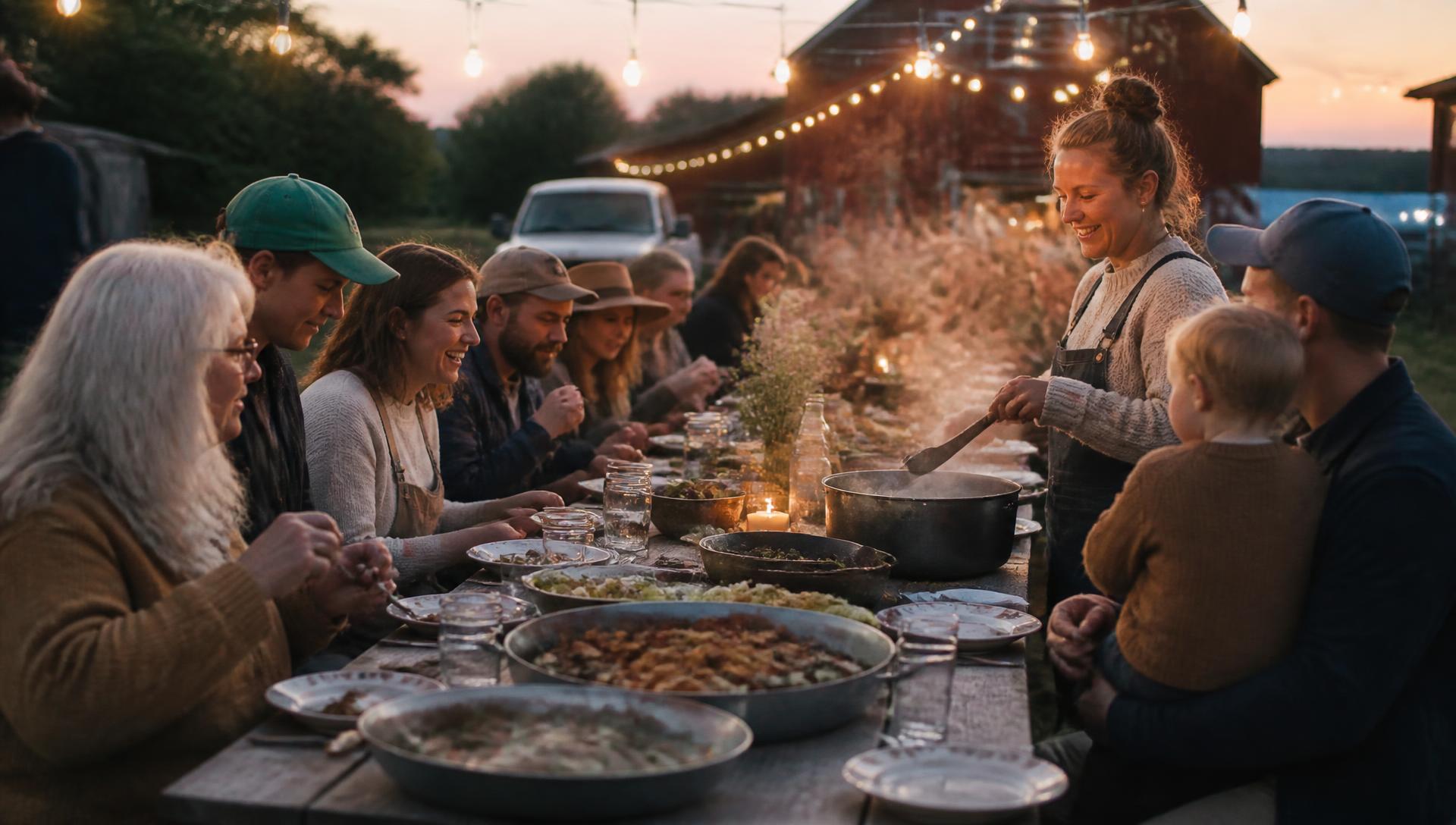 Neighbors of all ages sharing a long outdoor dinner table under string lights at dusk