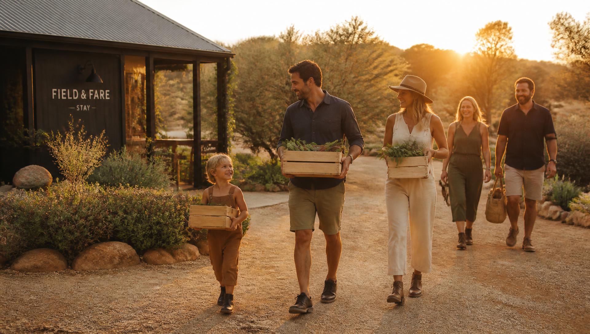 A family and friends walking a dirt road past a small farm stay at sunset, carrying crates of produce