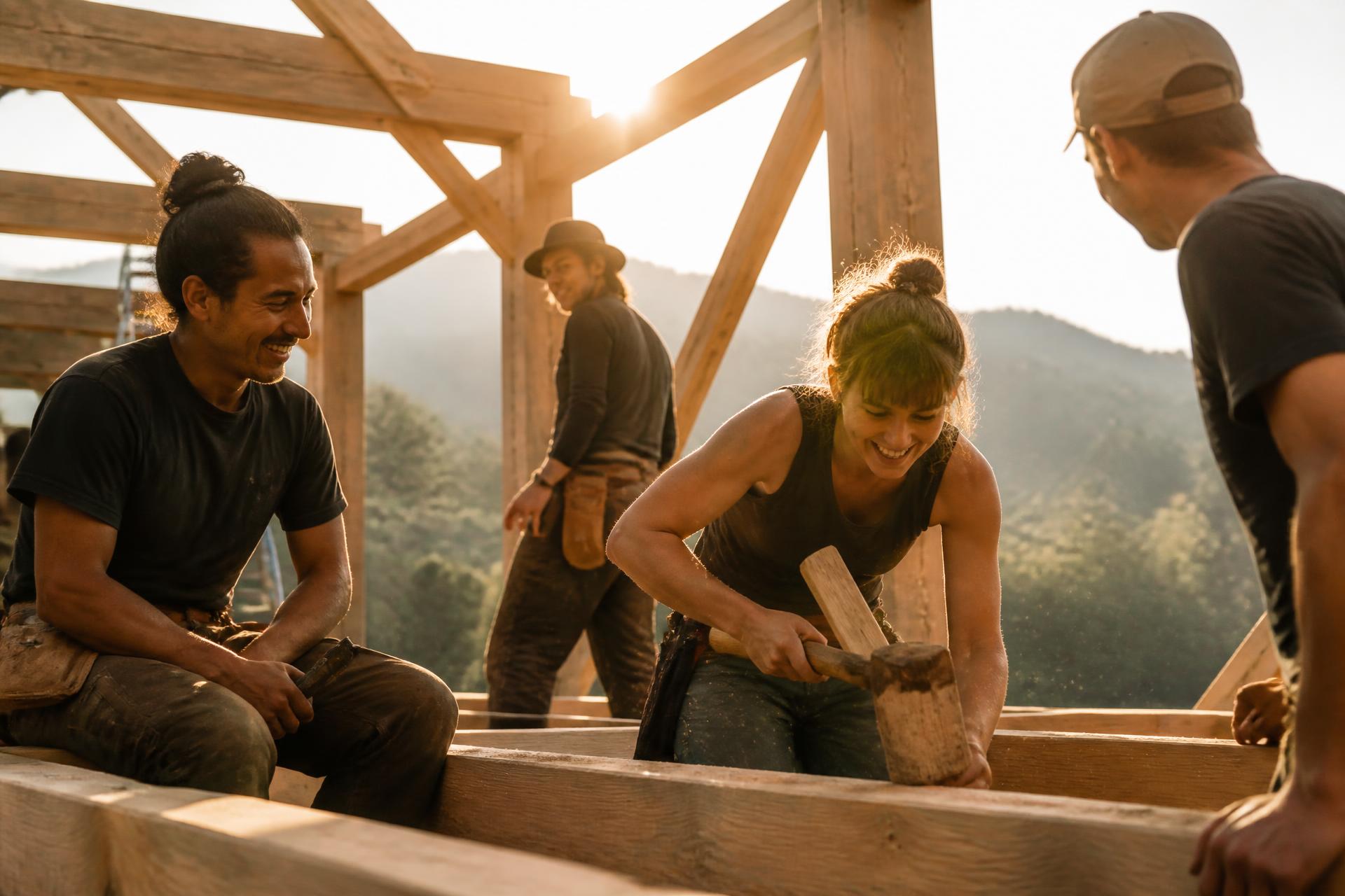 A group of people framing a timber structure together at golden hour with green mountains behind them