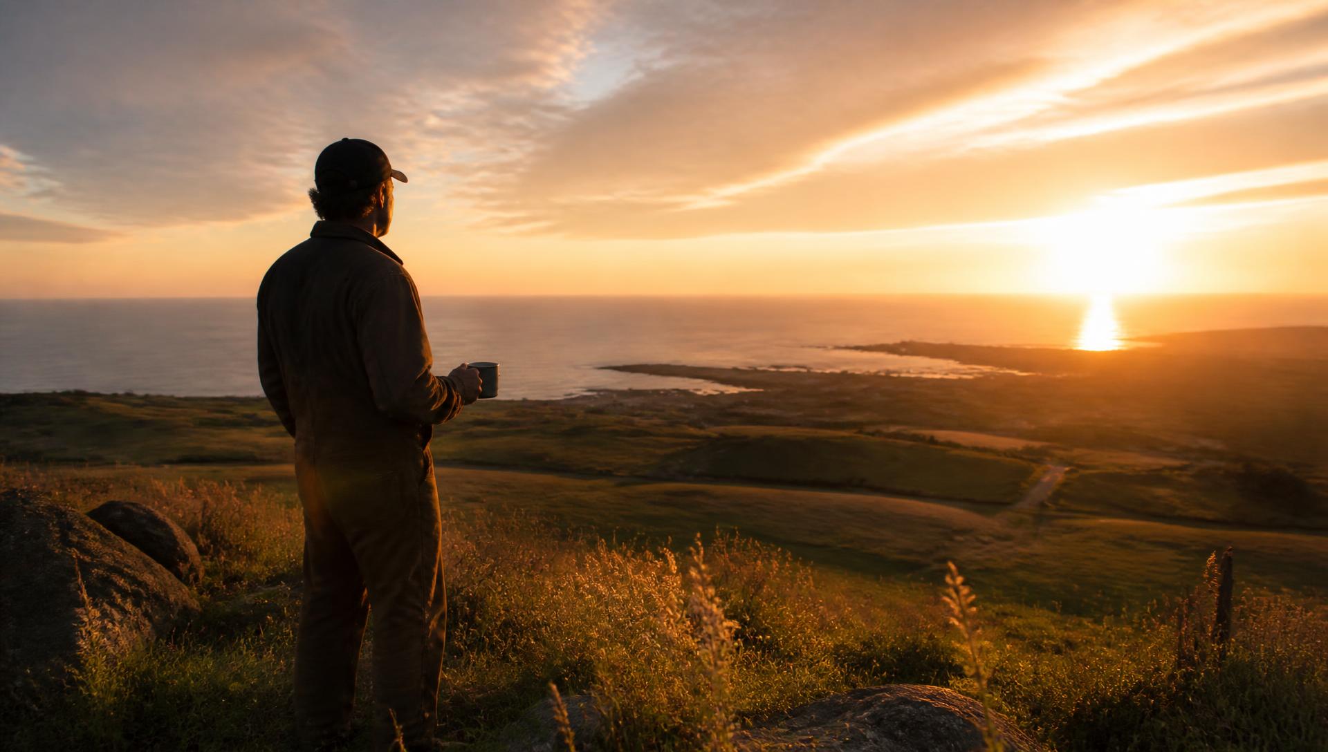 A person in work clothes holding a coffee mug, looking out over farmland and ocean at sunrise