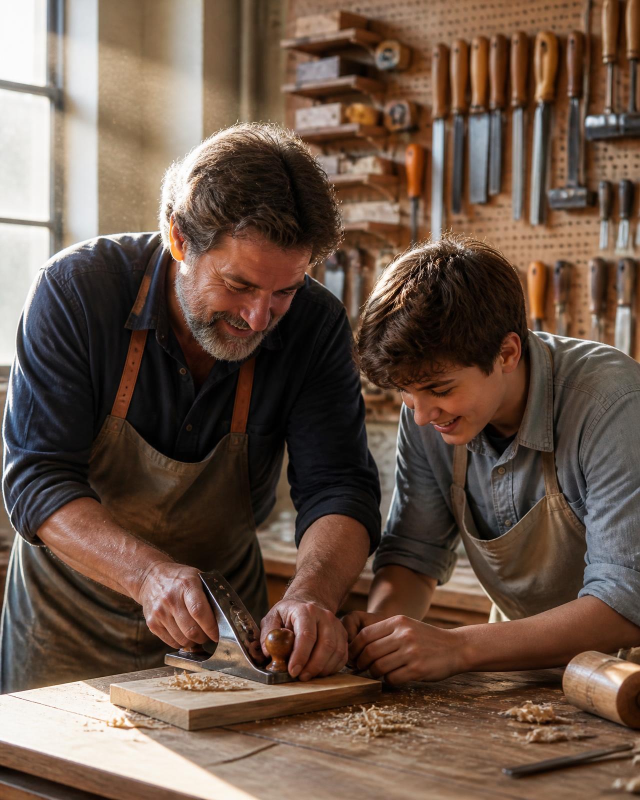 A woodworker teaching a young apprentice to use a hand plane in a sunlit workshop